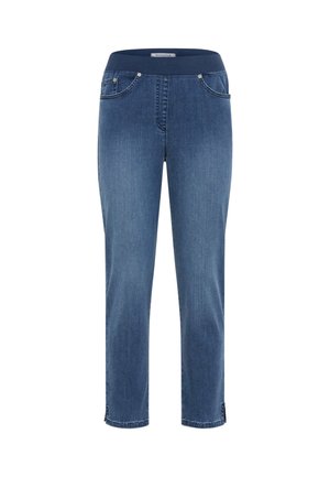 Jean en denim bleu avec taille élastique, poches avant et petites fentes latérales à l'ourlet longueur cheville.