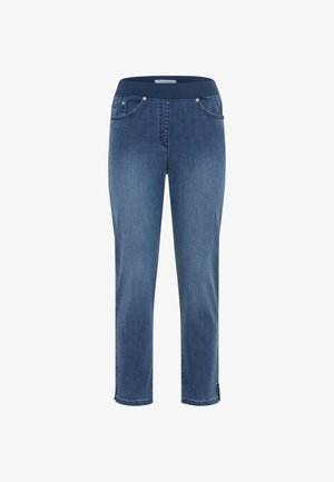 Blå denimjeans med elastisk talje, forlommer og små sideslids ved ankel-længde forneden.