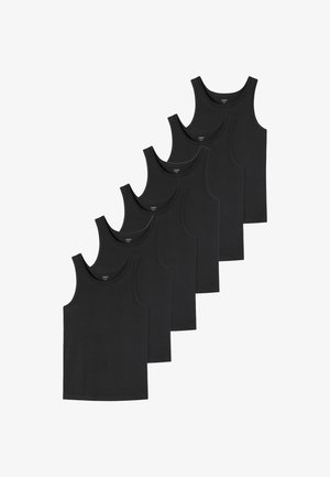 Six débardeurs en coton noir avec de larges bretelles, des coutures plates et une coupe ajustée, présentés en face avant dans un agencement linéaire.