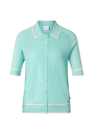 Short-sleeve turquoise button-up cardigan with white trim on collar, sleeves, and hem, featuring a textured knit pattern.