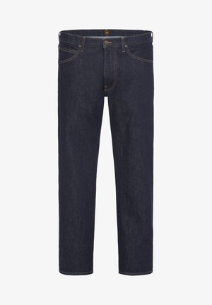 Donkerblauwe denim jeans met een recht model, vijf zakken, contrasterende gouden stiksels en een leren logo patch op de tailleband.