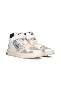 High-top sneakers featuring white leather, silver glitter accents, beige suede details, and a black strap, with a rubber sole.