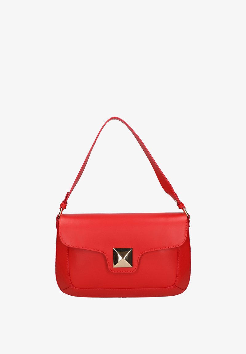 Borsa a tracolla in pelle rossa con una texture liscia, design piatto e un accento quadrato in oro metallico sul davanti. Presenta una tracolla curva.