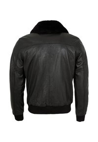 Schwarze Lederjacke mit weichem schwarzem Kragen, geripptem Saum und Bündchen, glatter Textur und ohne sichtbare Beschläge oder Verzierungen.