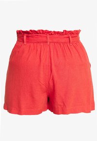 Rote Leinen-Shorts mit gerafftem elastischem Bund, Seitentaschen und lockerem Schnitt, mit strukturierter Oberfläche und einfachem Saum.