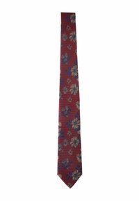 Cravate rouge avec motif floral en bleu et beige. Design slim, texture lisse et pointe pointue. Convient aux occasions formelles.