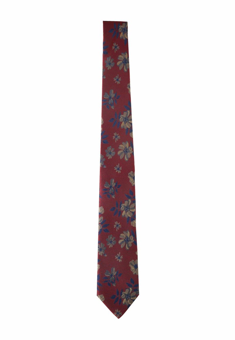 Cravate rouge avec motif floral en bleu et beige. Design slim, texture lisse et pointe pointue. Convient aux occasions formelles.