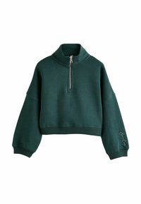 Green cropped sweatshirt with a high collar, front quarter zipper, wide sleeves, and ribbed cuffs. Features embroidered text on the sleeve.
