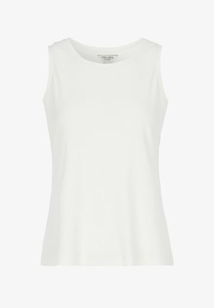 Hvid ærmeløs top lavet af ribbet stof. Har en rund halsudskæring og en afslappet pasform, der giver en glat tekstur hele vejen igennem.