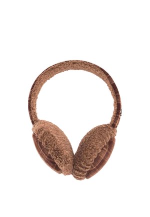 Brown plush earmuffs with a soft, fuzzy texture covering the ear pads and headband, designed for warmth and comfort.