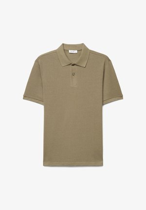 Polo a maniche corte color marrone chiaro con tessuto strutturato, abbottonatura a due bottoni, colletto a coste e maniche orlate.