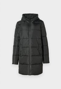 Chaqueta larga de plumas negra acolchada con capucha, cremallera frontal y bolsillos laterales, diseñada para el clima frío.