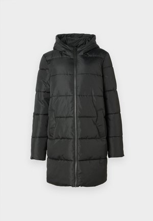 Melnā, quilted ilgā puffer jaka ar kapuci, priekšējo rāvējslēdzēju un sānu kabatām, paredzēta aukstam laikam.