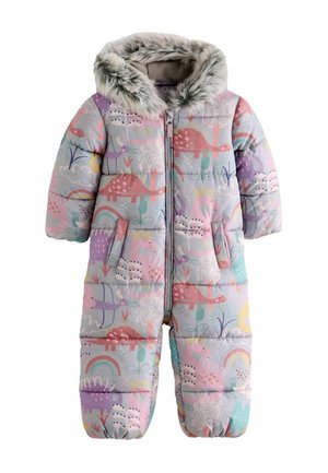 Gewatteerde skipak voor peuters met ritssluiting, capuchon met nepbont en pastelkleurige dinosaurussen, regenbogen en vogelpatronen op een lichte achtergrond.