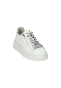 White leather sneaker with a rounded toe, silver accents, and metallic gray laces. Features a side zip for easy wear and a thick white sole.