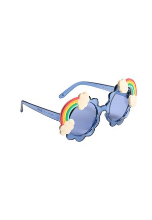 Occhiali da sole in plastica blu con dettagli a forma di nuvola, particolari arcobaleno, lenti rotonde e un design della montatura scallop.