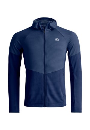 Herren Langarm-Hoodie mit Reißverschluss in Marineblau, strukturierter Stoff, Fronttaschen und kleinem weißem Logo auf der linken Brust.