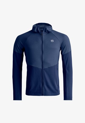 Herren Langarm-Hoodie mit Reißverschluss in Marineblau, strukturierter Stoff, Fronttaschen und kleinem weißem Logo auf der linken Brust.