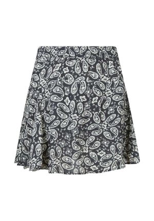 Jupe noire avec motif paisley et floral blanc, fabriquée en tissu léger, dotée d'une taille élastique et d'une coupe évasée.