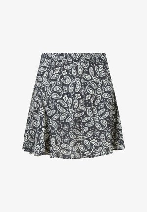 Jupe noire avec motif paisley et floral blanc, fabriquée en tissu léger, dotée d'une taille élastique et d'une coupe évasée.