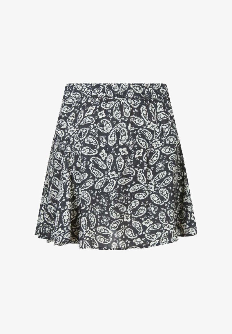 Jupe noire avec motif paisley et floral blanc, fabriquée en tissu léger, dotée d'une taille élastique et d'une coupe évasée.