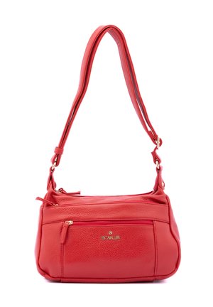 Rotes Lederhandtasche mit glatter Textur, ausgestattet mit einem einstellbaren Schulterriemen, einer vorderen Reißverschlusstasche und goldenen Logo-Details.