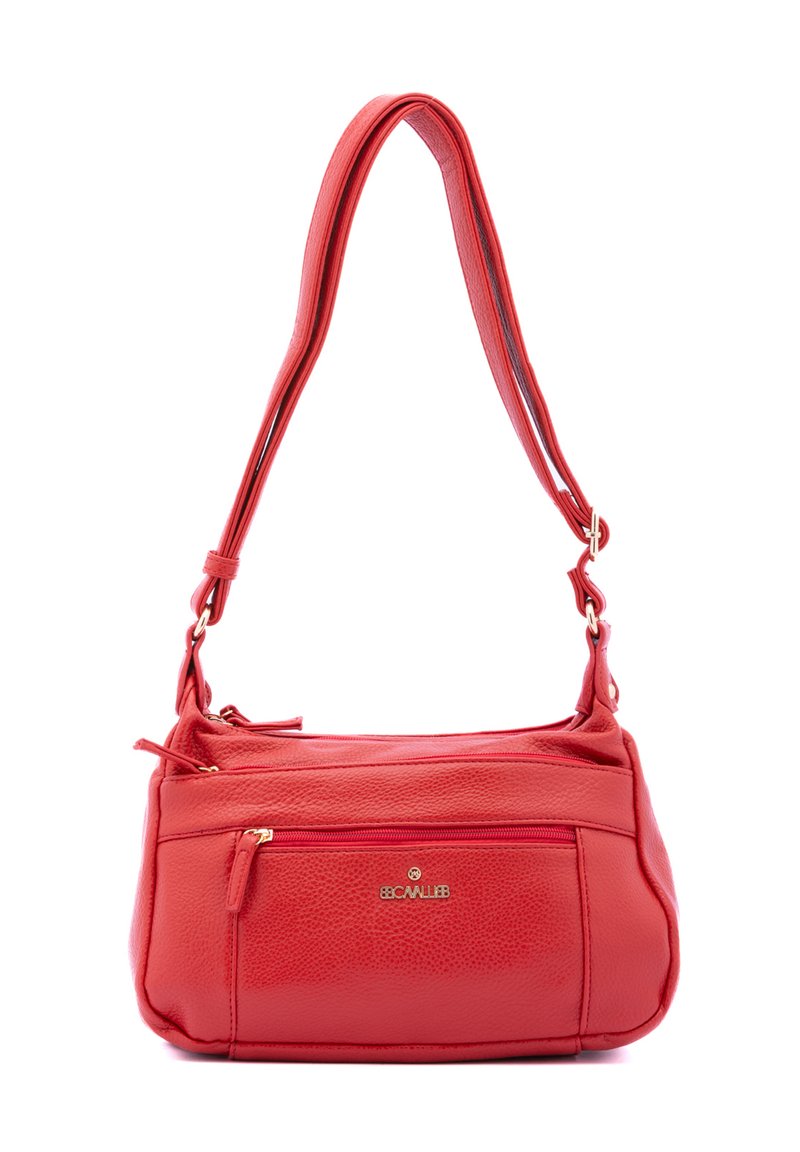 Borsa a tracolla in pelle rossa con una texture liscia, dotata di una singola tracolla regolabile, tasca frontale con zip e dettagli in oro.