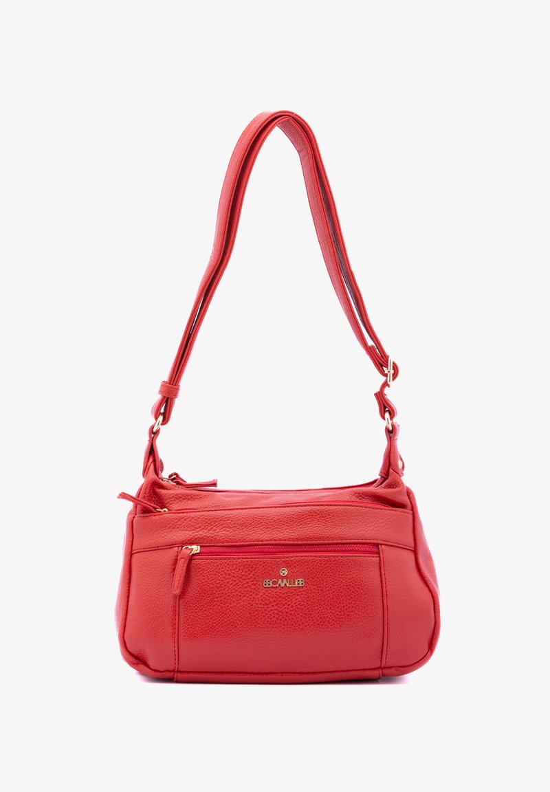 Borsa a tracolla in pelle rossa con una texture liscia, dotata di una singola tracolla regolabile, tasca frontale con zip e dettagli in oro.