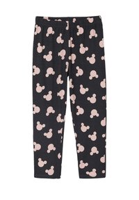 Leggings made of dark fabric featuring a repeated pink Mickey Mouse silhouette pattern, with an elastic waistband for comfort.