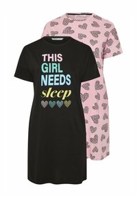 Två kortärmade nattklänningar: en svart med flerfärgade texter och hjärtan, och en rosa med svarta hjärtformade mönster. Mjukt bomullsmaterial.