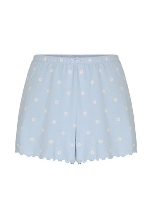 Shorts pour femmes bleu clair avec petits motifs de marguerites blanches, taille élastique, petit nœud décoratif et ourlets festonnés.
