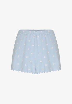 Hellblaue Damen-Shorts mit kleinen weißen Gänseblümchenmustern, elastischem Bund, kleiner Schleifendetail und gezackten Saumkanten.
