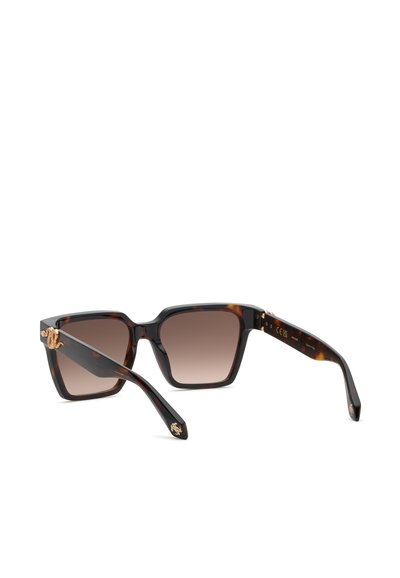 Lunettes de soleil carrées écaille avec verres marron dégradés et détails serpent dorés sur les branches et les extrémités.