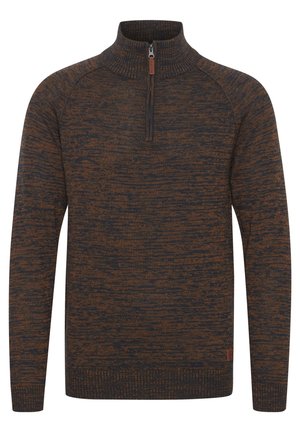 Pulover s pol-zadrgo in stranskimi zadrgami, teksturiran pleten vzorec v odtenkih rjave in mornarsko modre, z rebrastimi manšetami in robom.