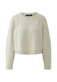 Lichtbeige gebreide trui met een ronde halslijn, geribbelde boorden en een korte zoom. Gemaakt van zacht, gestructureerd materiaal en voorzien van raglanmouwen.