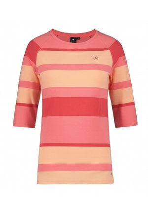 T-shirt met driekwartmouwen en strepen, in gedurfde tinten roze en perzik, gemaakt van zachte stof met een ronde halslijn en logo-accent.