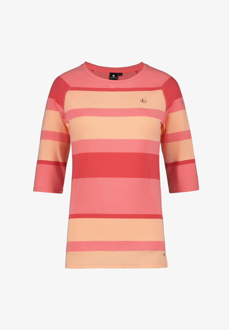 T-shirt z rękawami 3/4 w paski, w intensywnych odcieniach różu i brzoskwini, wykonany z miękkiego materiału, z okrągłym dekoltem i akcentem logo.