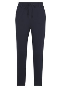 Marina blå tapered byxor med dragsko i midjan, två framfickor och en slät, strukturerad tyg. Perfekta för avslappnad eller semi-formell användning.