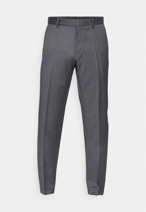 Pantalons gris tailleur avec plis avant, fabriqués à partir d'un tissu lisse. Design léger avec une taille standard et sans poches visibles.