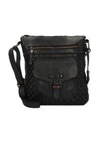 Borsa a tracolla in pelle nera con texture intrecciata, tasca frontale con patta e chiusura a zip superiore. Dotata di una tracolla e dettagli metallici.