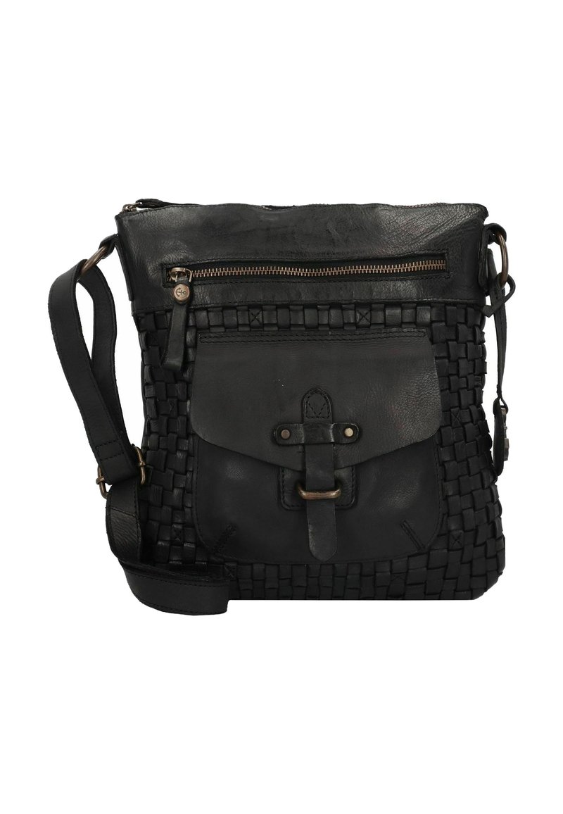 Borsa a tracolla in pelle nera con texture intrecciata, tasca frontale con patta e chiusura a zip superiore. Dotata di una tracolla e dettagli metallici.