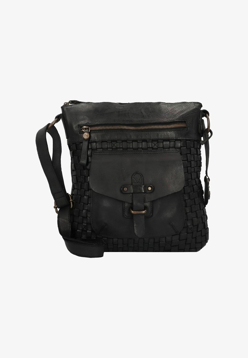 Borsa a tracolla in pelle nera con texture intrecciata, tasca frontale con patta e chiusura a zip superiore. Dotata di una tracolla e dettagli metallici.