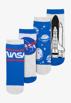 Four pairs of blue socks featuring NASA logos, planets, and a shuttle design, made of soft fabric with varied patterns and textures.