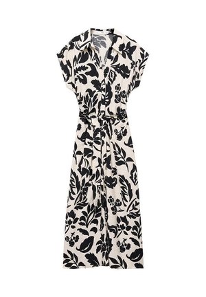 Langes ärmelloses Kleid mit Kragen und Gürtel, mit einem schwarz-weißen kräftigen Blumenmuster.