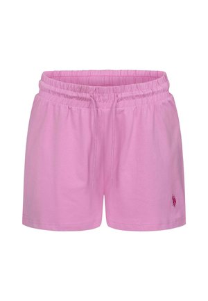 Pink elastic waist shorts with drawstring and small embroidered logo on the bottom right leg, displayed on white background.