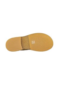 Sole di scarpa marrone con texture, con una sezione gialla liscia, che presenta la scritta in rilievo 'NOMA'. Forma arrotondata con tacco piatto per maggiore stabilità.
