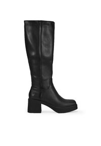 Botas negras hasta la rodilla hechas de piel suave, con tacón cuadrado y punta ligeramente redondeada. Diseño sencillo sin herrajes visibles.