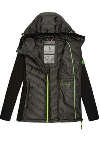Black jacket with a quilted inner lining, green accents, hood, multiple pockets, and zipper closure. Features a brand logo on the chest.