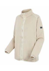 Veste polaire beige à fermeture éclair avec col montant, manches longues et écusson de marque noir sur le bras gauche supérieur.