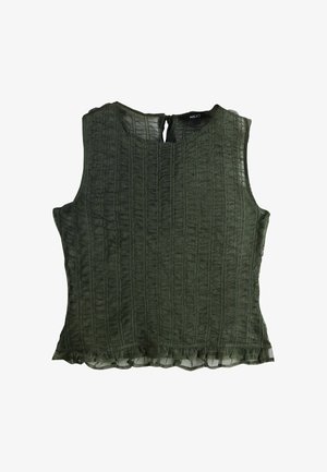 Ujjatlan olívazöld felső texturált, pliszírozott mintával és fodros szegéllyel. Kulcslyuk hátzáródással és könnyű anyagból készült.